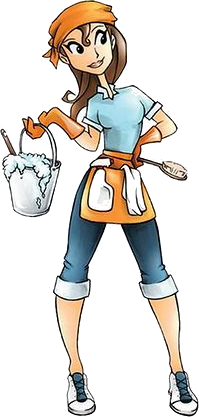 Yolie — a cheerful brunette cleaning pro in a bandana and apron, holding a bucket and scrub brush